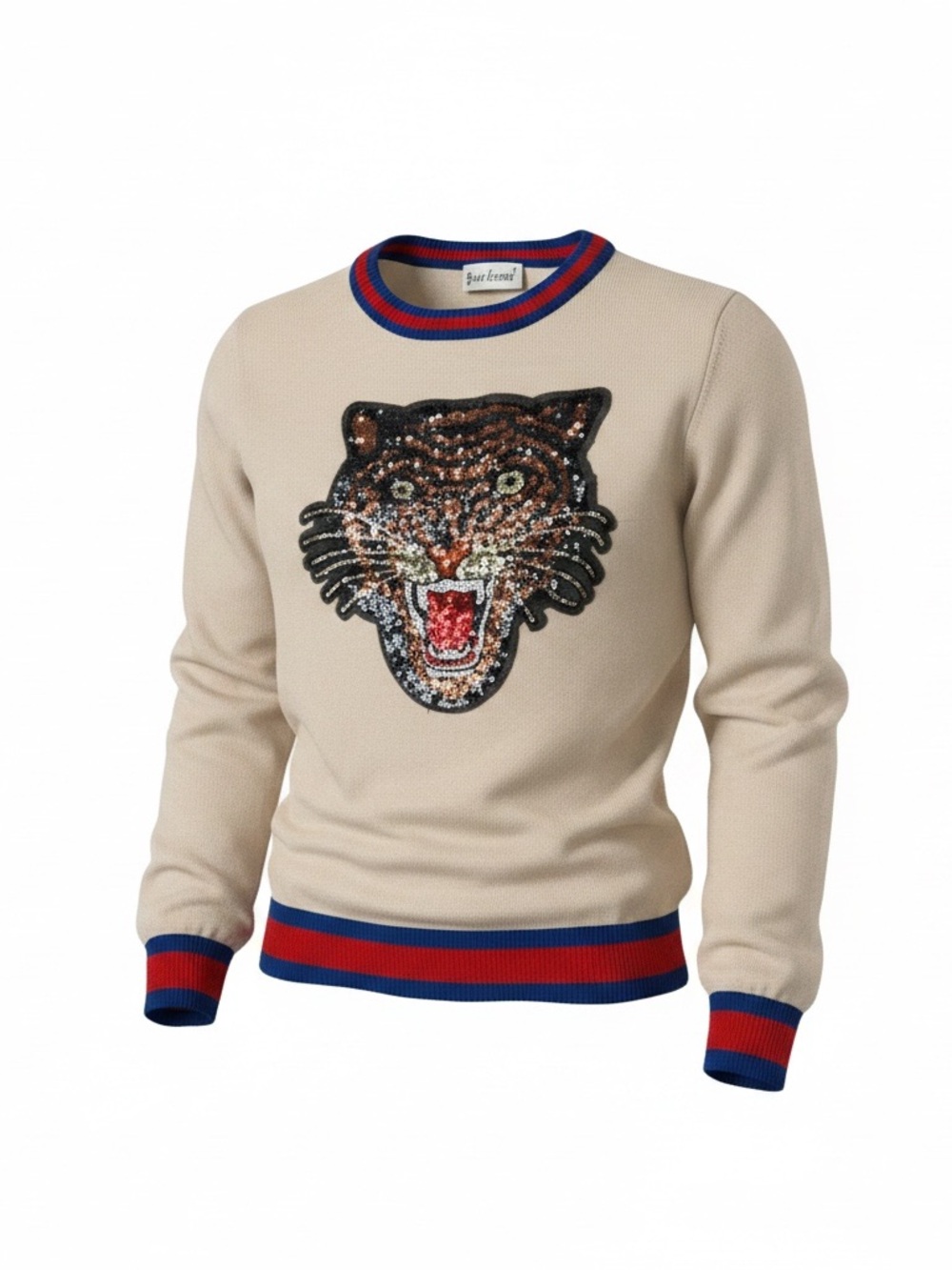 Beige Sweater with Sequin Tiger and Red-Blue Stripe Trim. Kids 12/14